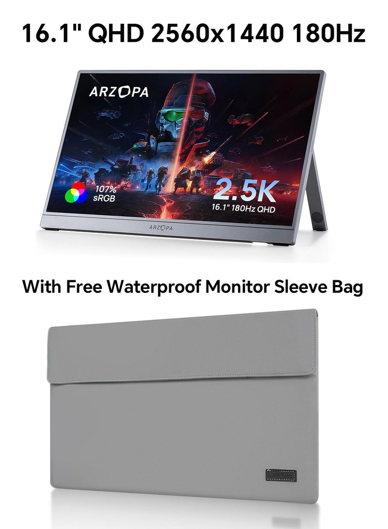 ARZOPA 16.1'' 180Hz 2.5K Portable Monitor, 2560x1440 QHD 107% sRGB Kickstand Portable Gaming Monitor with HDR, Ultra Slim, Eye Care, External Second Screen for Laptop, PC, PS5, Mac, Xbox, Switch(With Free Waterproof Monitor Sleeve Bag) - Image 1